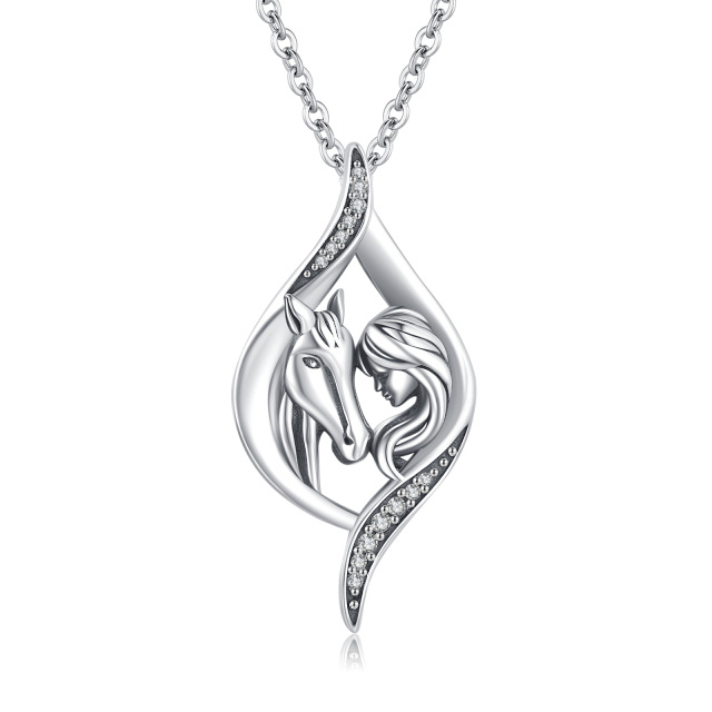 Sterling Silver Zircon Horse & Girl Drop Shaped Pendant Necklace-1