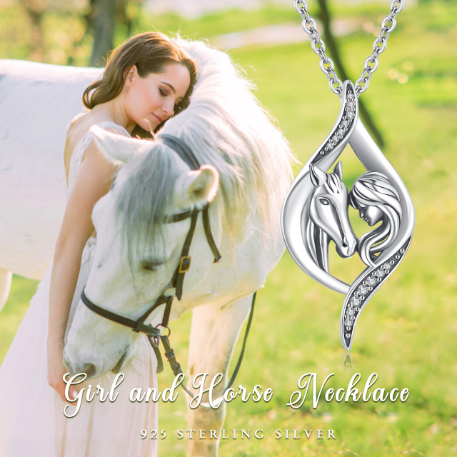 Sterling Silver Zircon Horse & Girl Drop Shaped Pendant Necklace-4