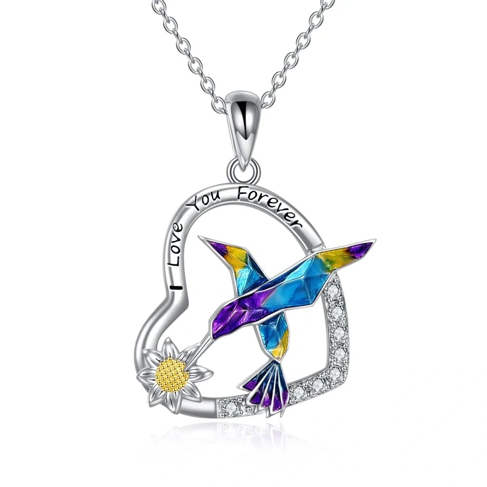 Sterling zilveren tweekleurige zirkonia kolibrie en hart met zonnebloem hanger ketting voor dames-1