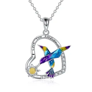 Sterling Silver Two-Tone Zircon Hummingbird & Heart With Sunflower Pendant Necklace For Women-9