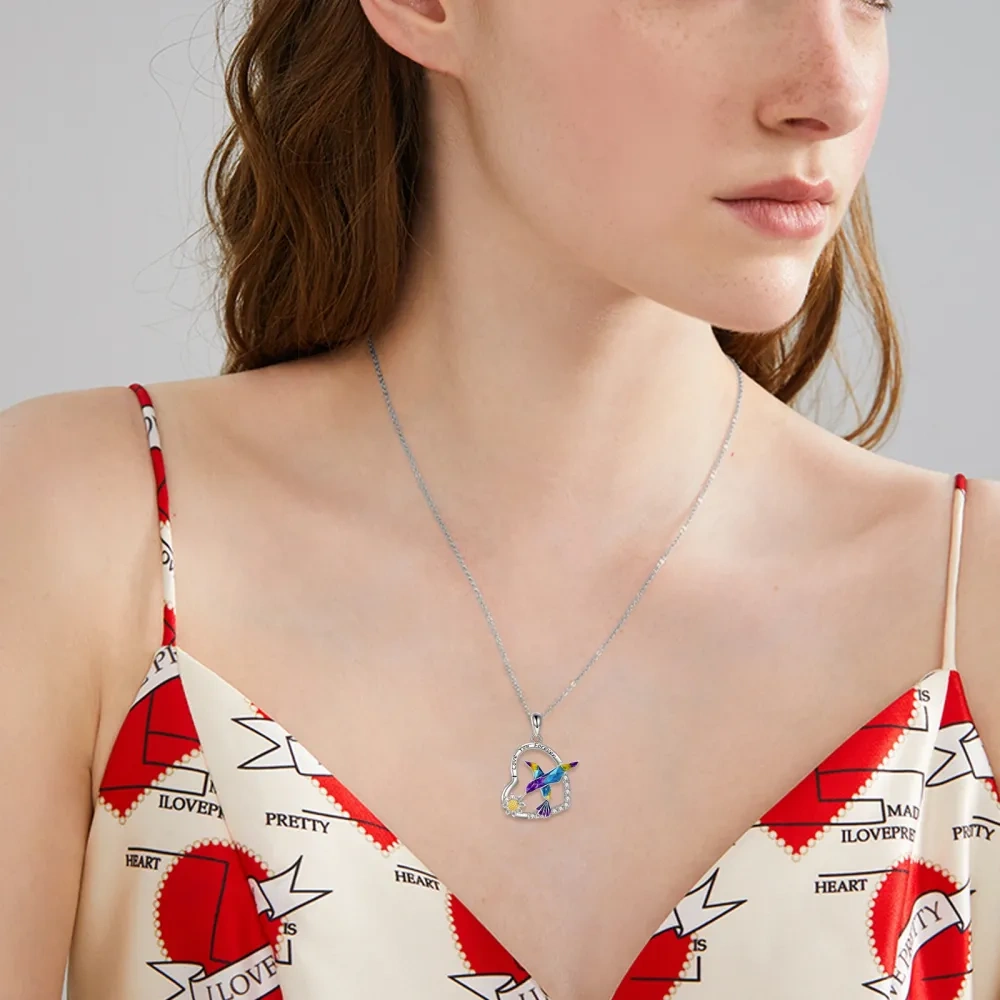 Sterling zilveren tweekleurige zirkonia kolibrie en hart met zonnebloem hanger ketting voor dames-2