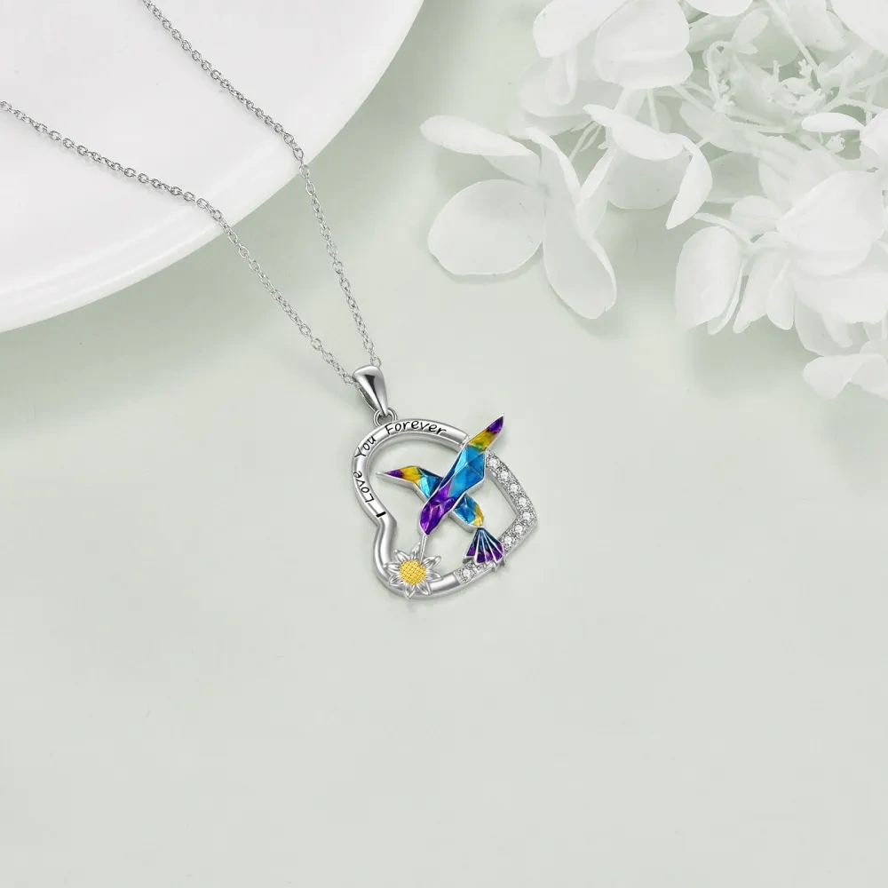 Sterling zilveren tweekleurige zirkonia kolibrie en hart met zonnebloem hanger ketting voor dames-3