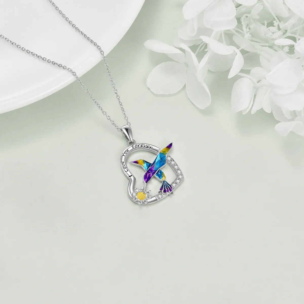 Sterling Silver Two-Tone Zircon Hummingbird & Heart With Sunflower Pendant Necklace For Women-3