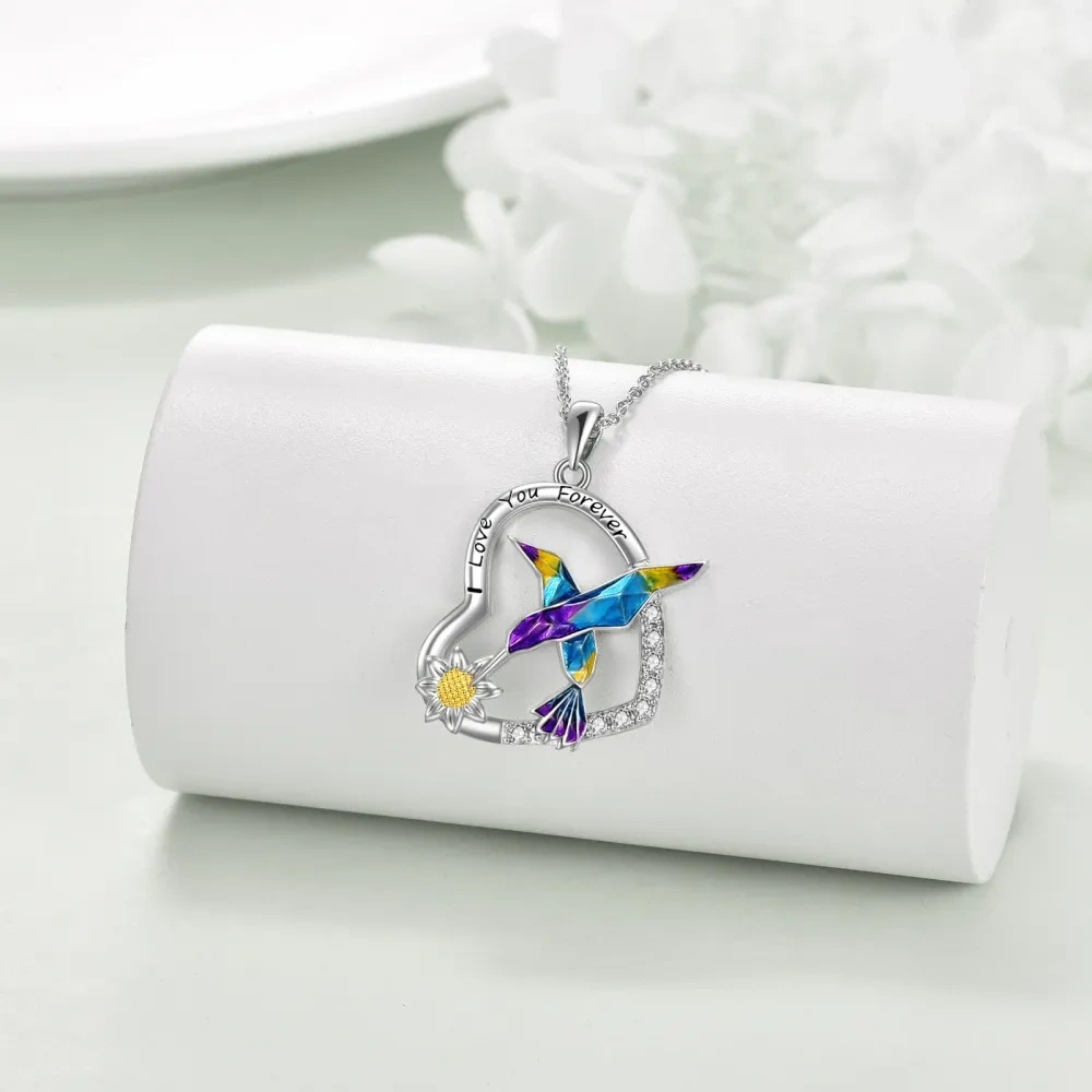 Sterling zilveren tweekleurige zirkonia kolibrie en hart met zonnebloem hanger ketting voor dames-4