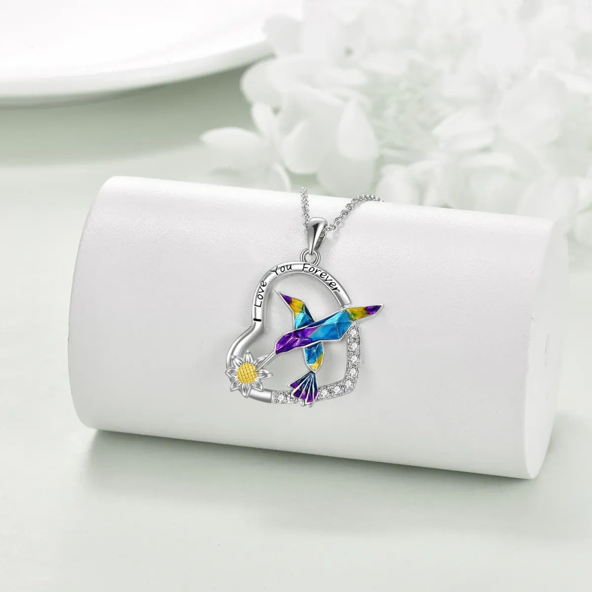 Sterling Silver Two-Tone Zircon Hummingbird & Heart With Sunflower Pendant Necklace For Women-4