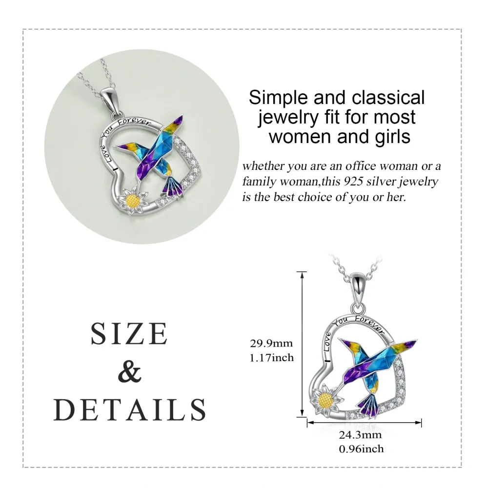 Sterling zilveren tweekleurige zirkonia kolibrie en hart met zonnebloem hanger ketting voor dames-5