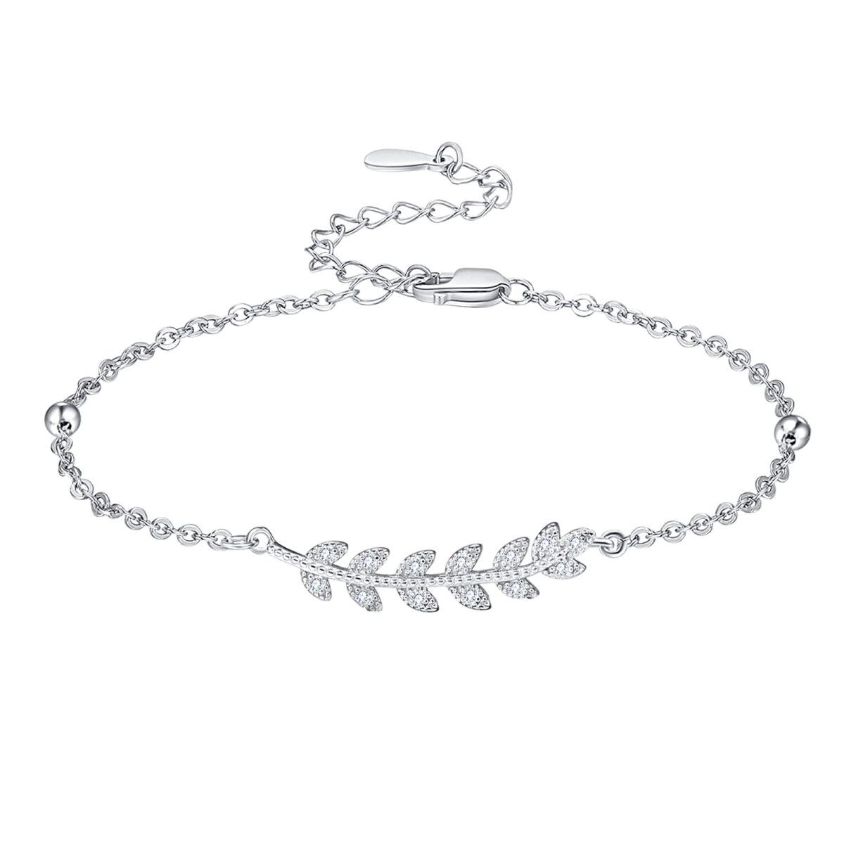 Sterling Silver Zircon Leaves Curb Link Chain Bracelet-1