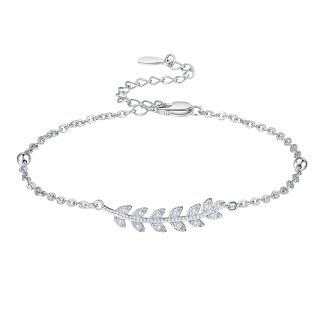 Sterling Silver Zircon Leaves Curb Link Chain Bracelet-32