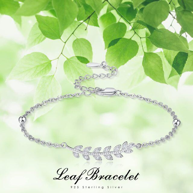 Sterling Silver Zircon Leaves Curb Link Chain Bracelet-3