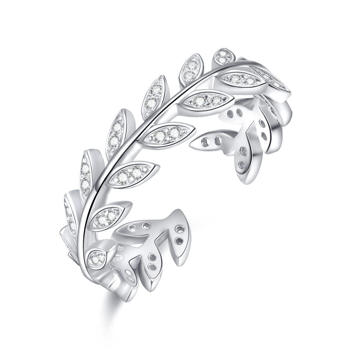 Bague ouverte en argent sterling avec feuilles de zircon et branche d'olivier-1