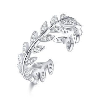 Sterling Silver Zircon Leaves & Olive Branch Open Ring-36