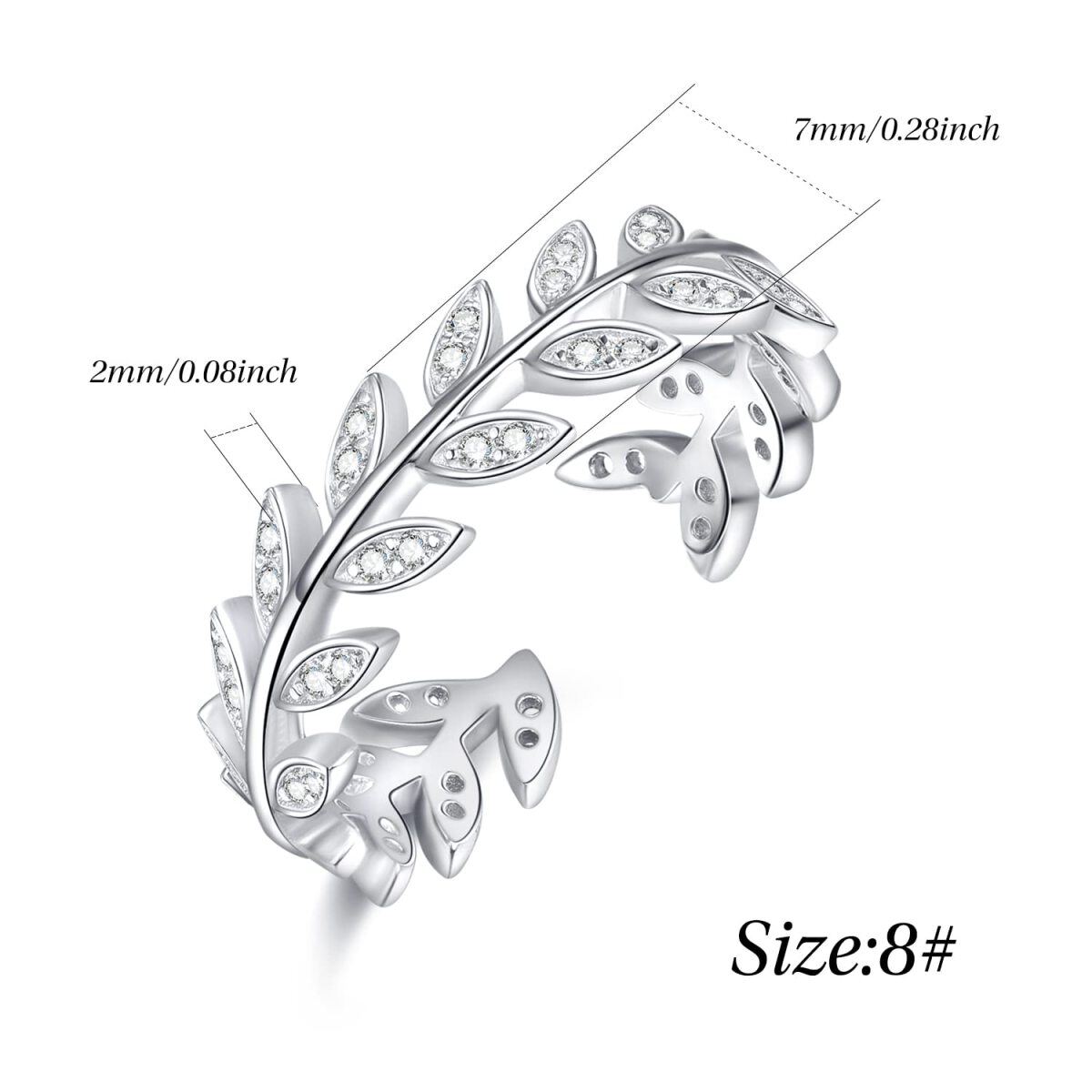 Bague ouverte en argent sterling avec feuilles de zircon et branche d'olivier-5