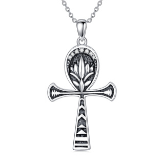 Sterling Silver Zircon Lotus & Ankh Pendant Necklace-1