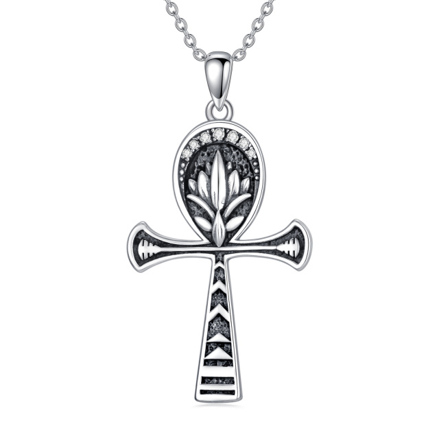 Sterling Silver Zircon Lotus & Ankh Pendant Necklace-1