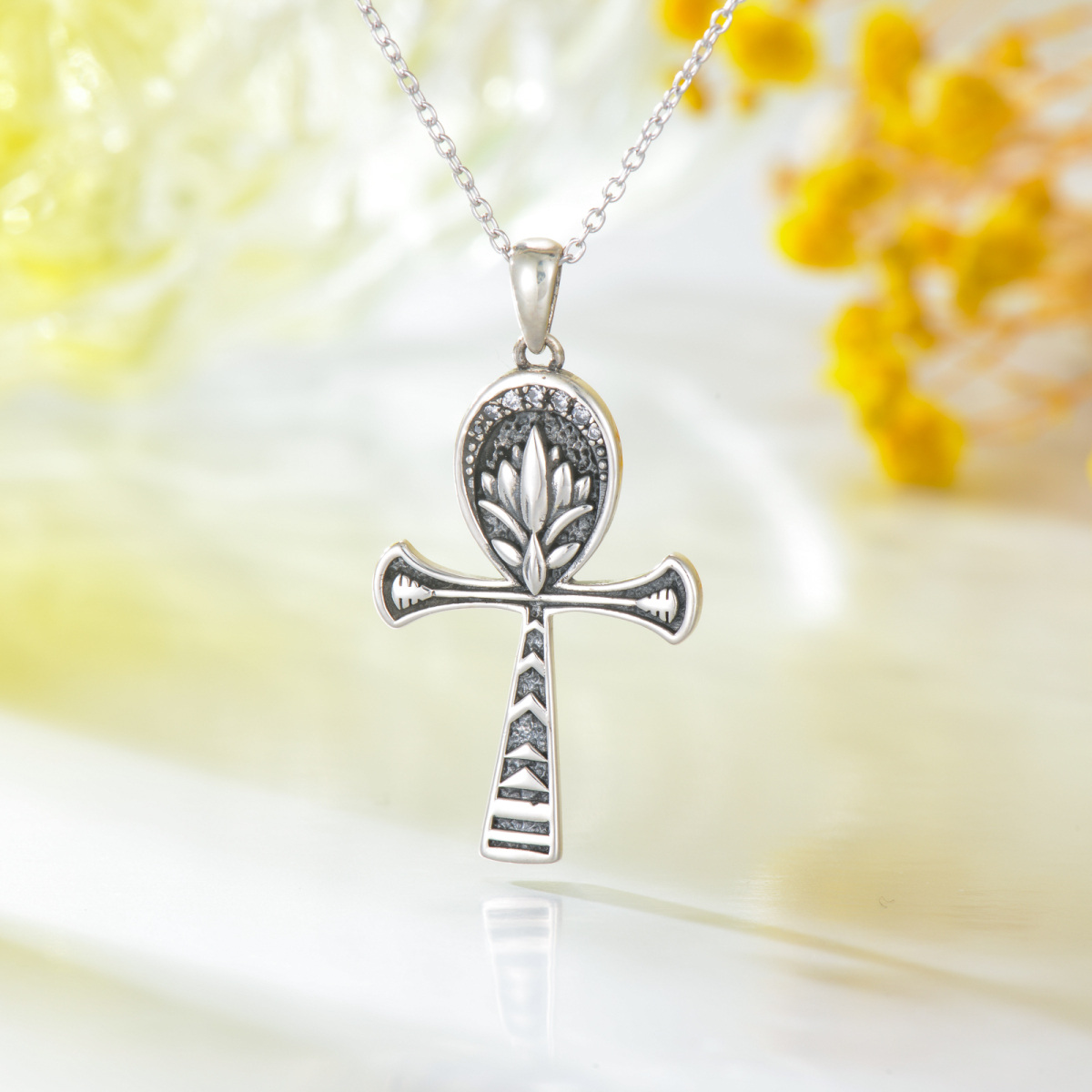 Sterling Silber Zirkon Lotus & Ankh Anhänger Halskette-3