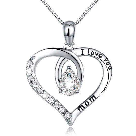 Collana con ciondolo a cuore in argento sterling con zircone Love Mom