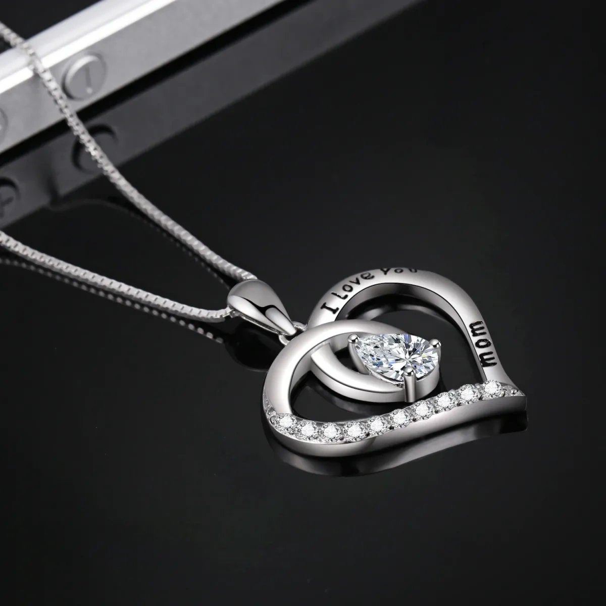 Collier en argent sterling avec pendentif coeur en zircon Love Mom-3