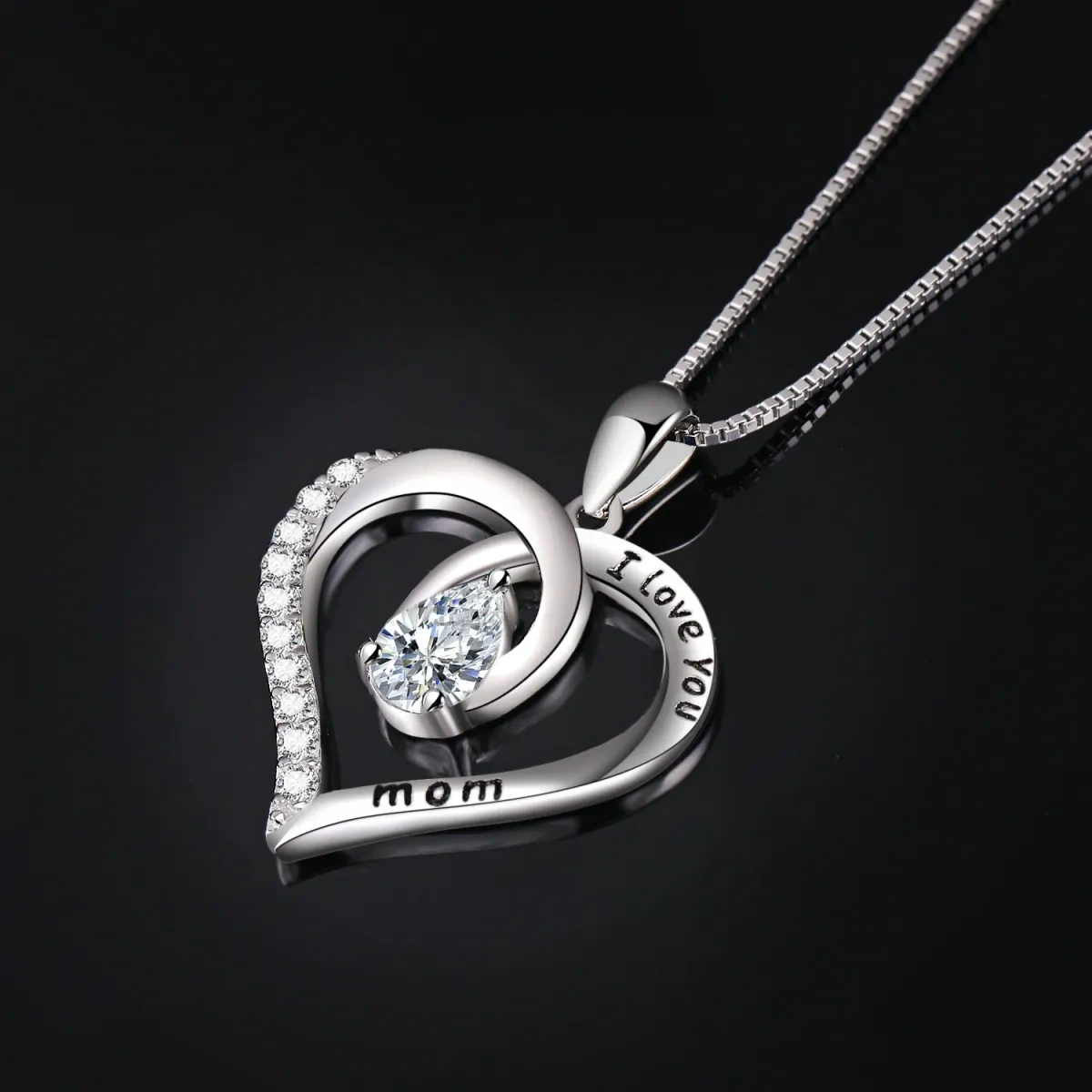 Sterling Silver Zircon Love Mom Heart Pendant Necklace-4