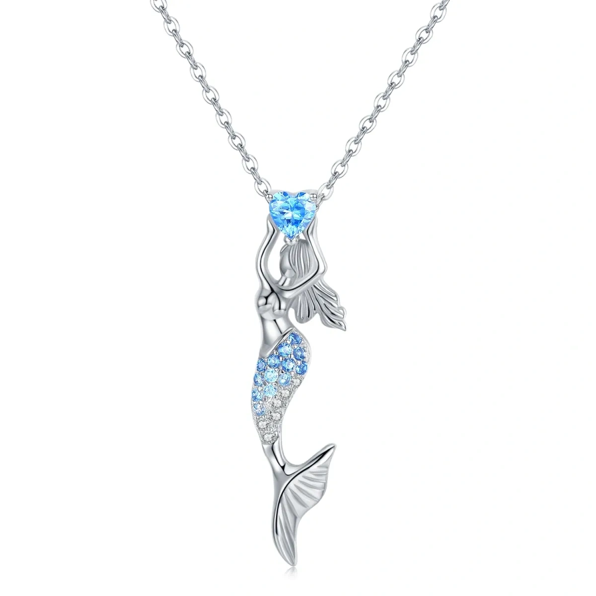 Sterling Silver Zircon Mermaid Pendant Necklace-1