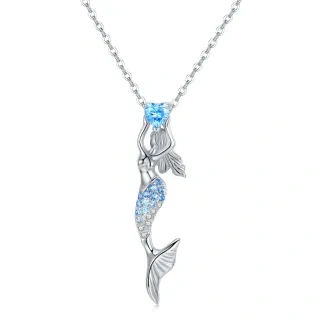 Sterling Silver Zircon Mermaid Pendant Necklace-40