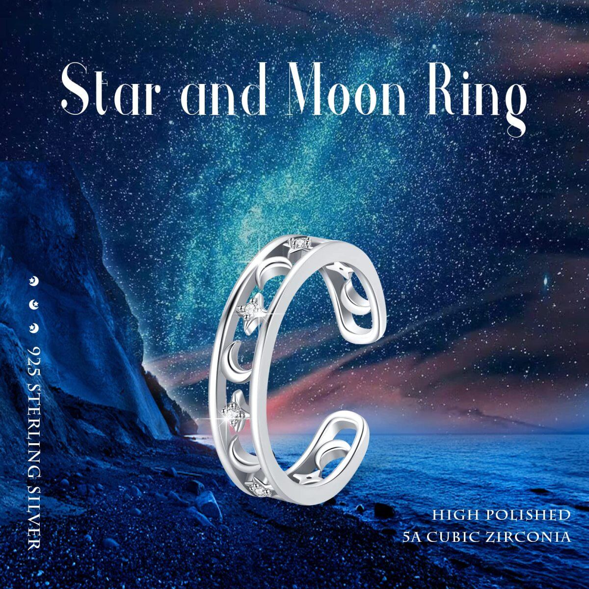 Sterling Silver Zircon Moon Open Ring-5