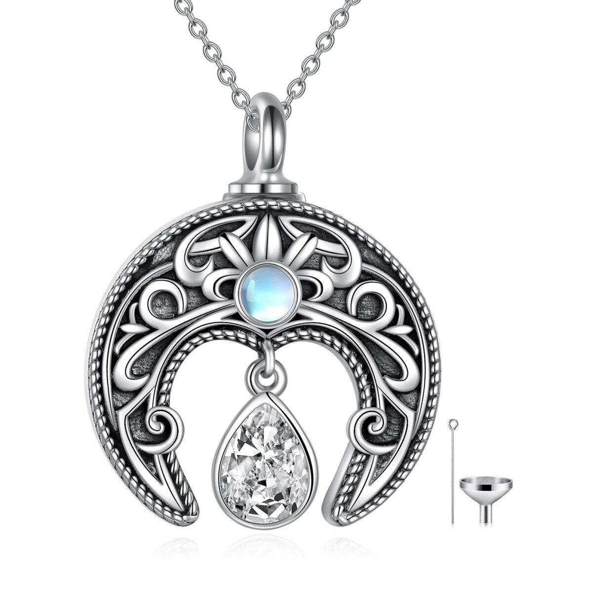 Collier Urne Lune en Argent Sterling Zircon pour Cendres-1