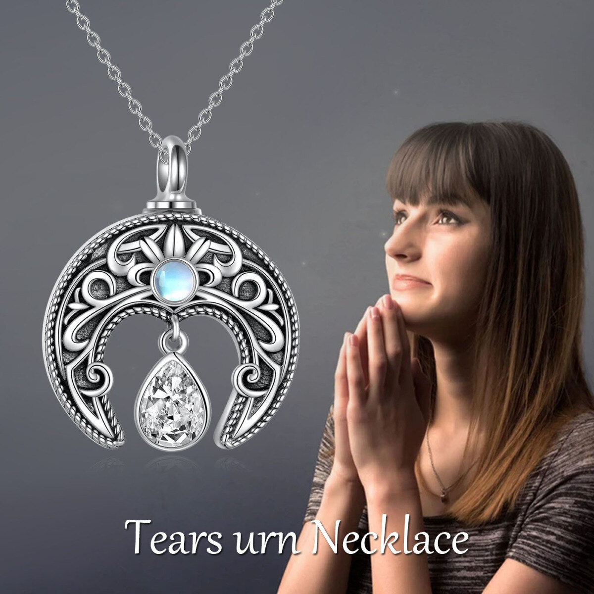 Collar de urna con forma de luna y circonitas de plata de ley para cenizas-6