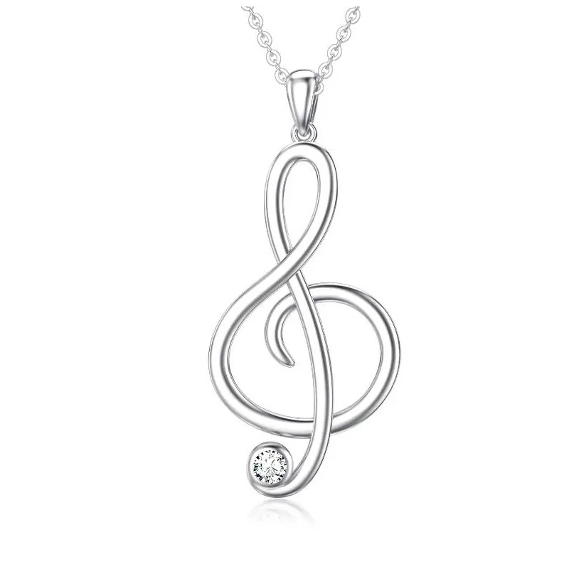 Sterling Silver Zircon Music Symbol & Ring Holder Pendant Necklace-18