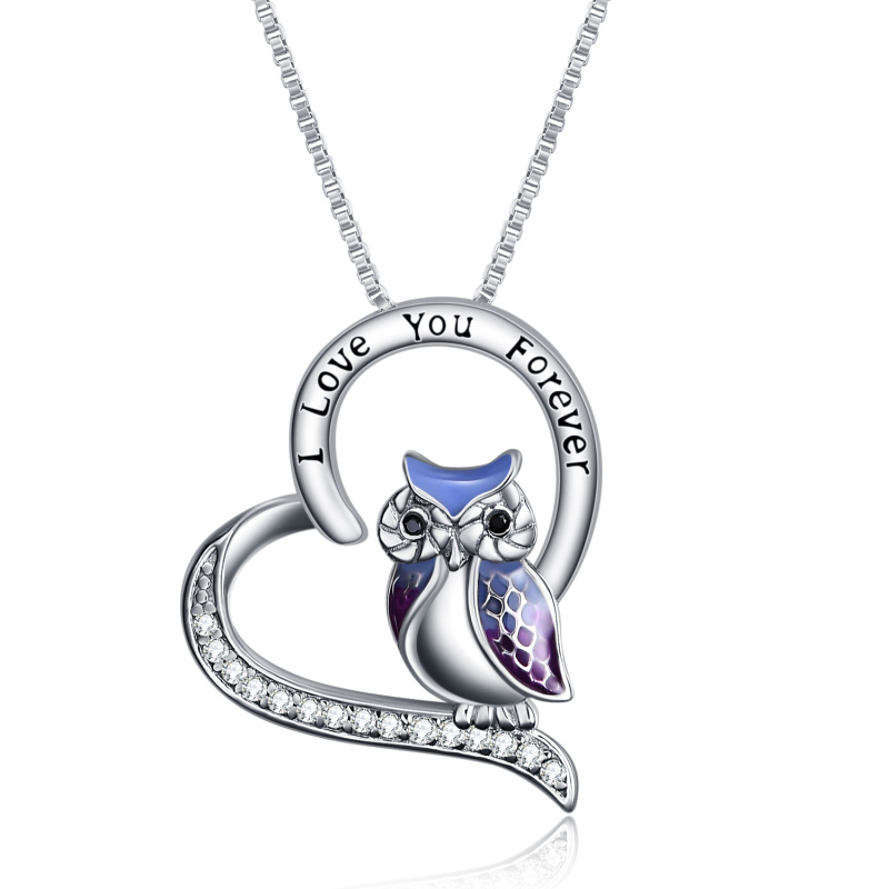 Sterling Silver Zircon Owl & Heart Pendant Necklace with Engraved Word-1
