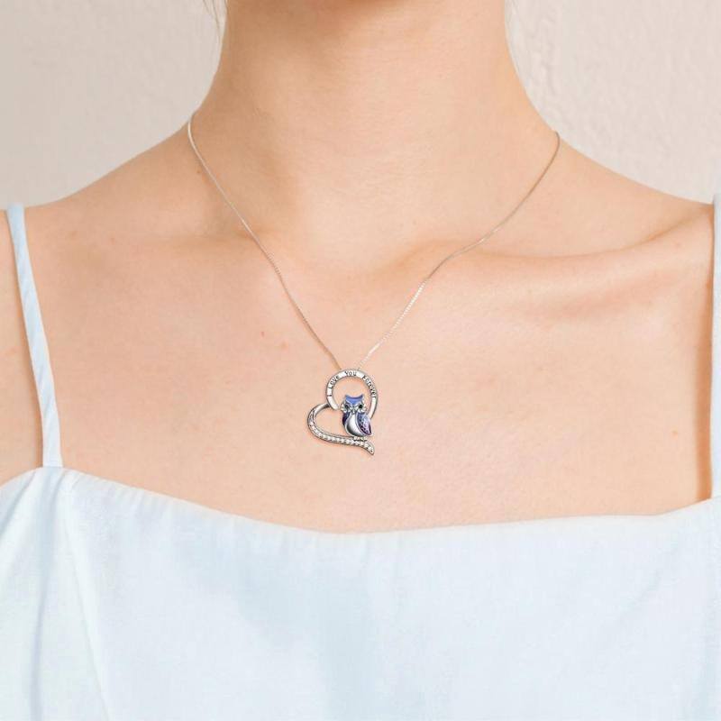 Sterling Silver Zircon Owl & Heart Pendant Necklace with Engraved Word-2