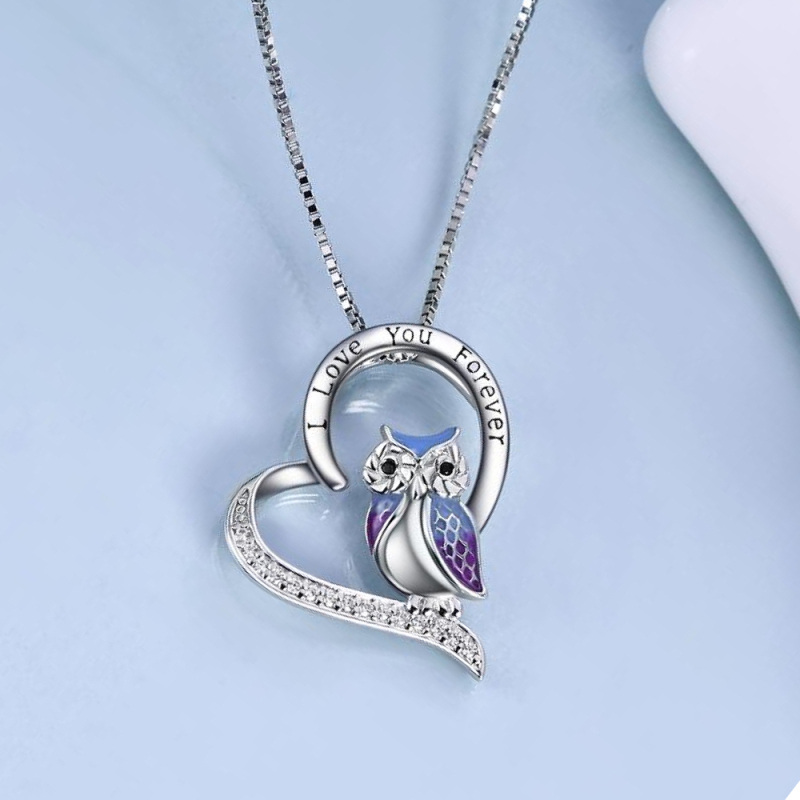 Sterling Silver Zircon Owl & Heart Pendant Necklace with Engraved Word-3