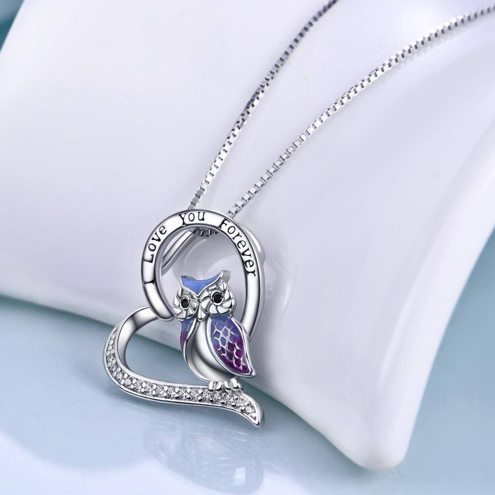 Collana con ciondolo a forma di cuore e gufo in argento sterling con parola incisa-4