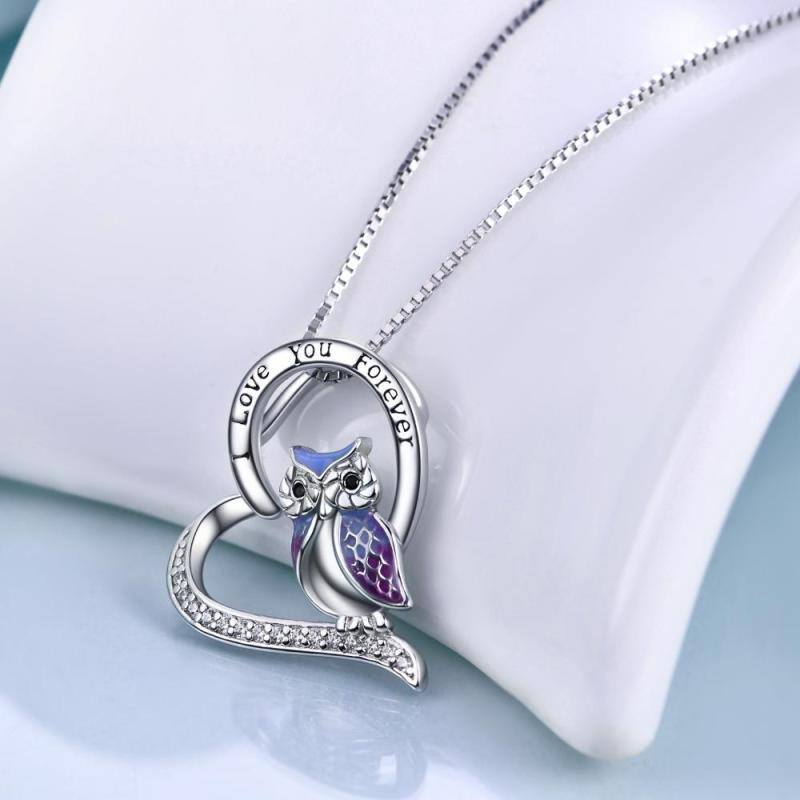 Sterling Silver Zircon Owl & Heart Pendant Necklace with Engraved Word-4