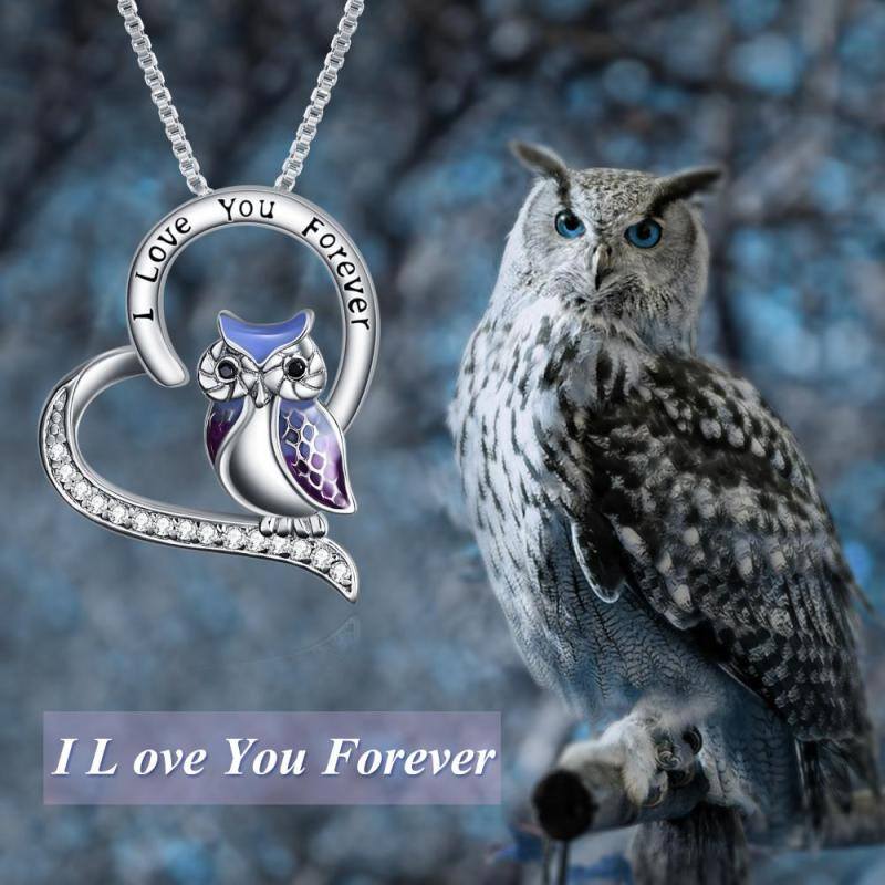 Sterling Silver Zircon Owl & Heart Pendant Necklace with Engraved Word-5