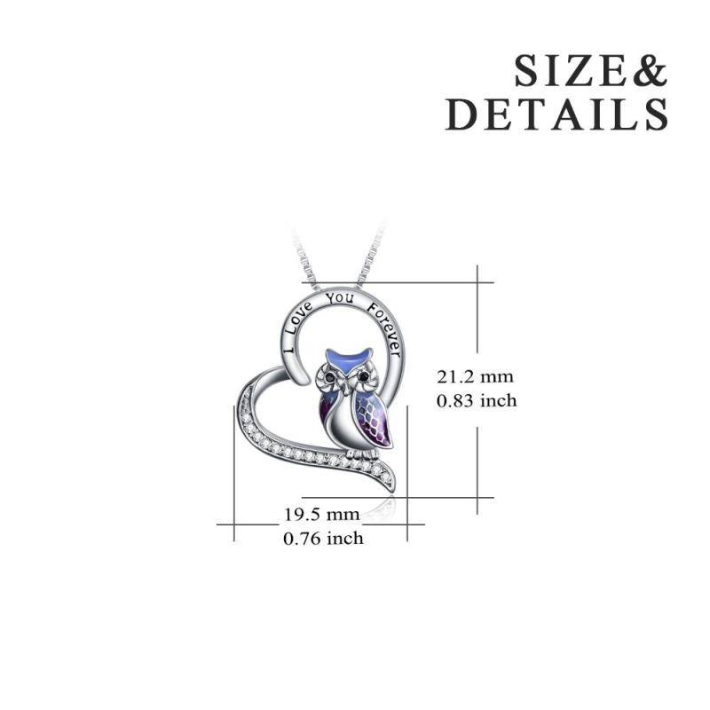 Sterling Silver Zircon Owl & Heart Pendant Necklace with Engraved Word-6