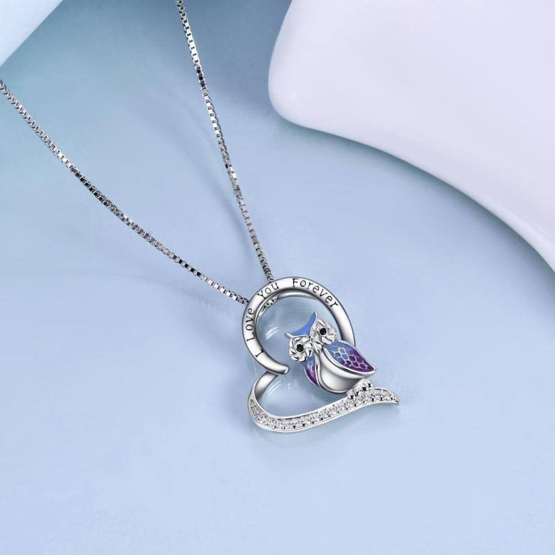 Sterling Silver Zircon Owl & Heart Pendant Necklace with Engraved Word-7