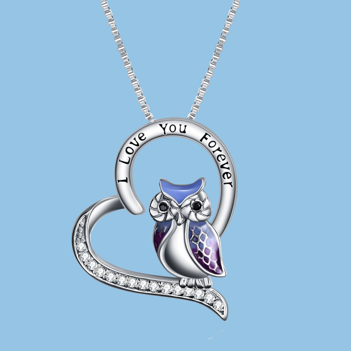 Collana con ciondolo a forma di cuore e gufo in argento sterling con parola incisa-8