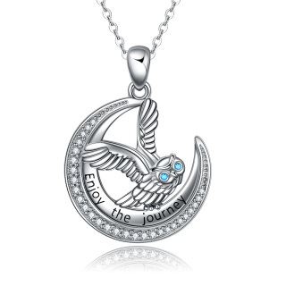 Sterling Silver Zircon Owl & Moon Pendant Necklace-2