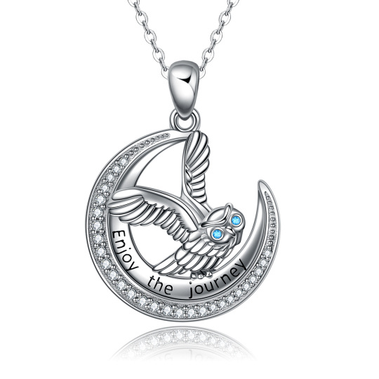 Sterling Silver Zircon Owl & Moon Pendant Necklace