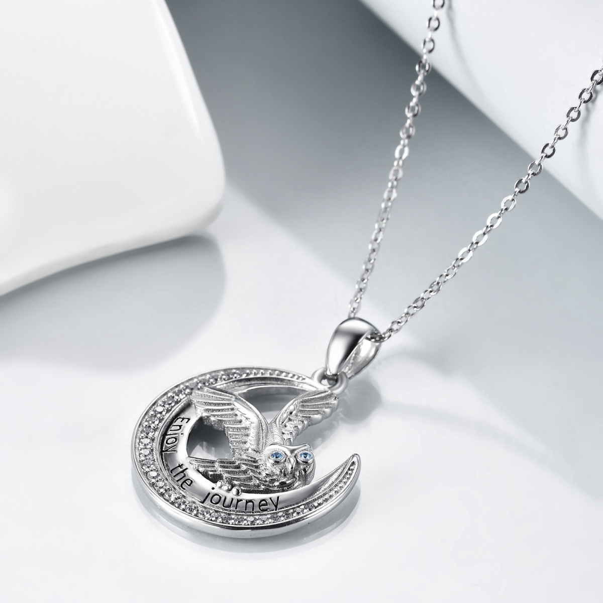 Sterling Silver Zircon Owl & Moon Pendant Necklace-4