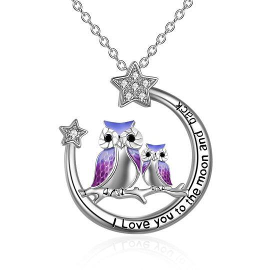 Collana con ciondolo a forma di gufo e luna in argento 925 con zircone