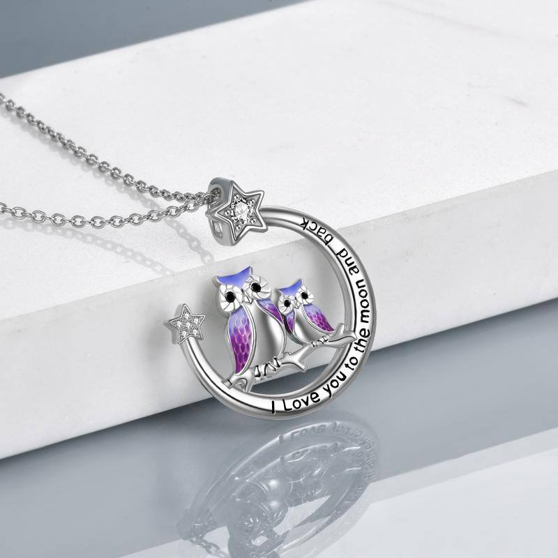 Sterling Silver Zircon Owl & Moon Pendant Necklace-4