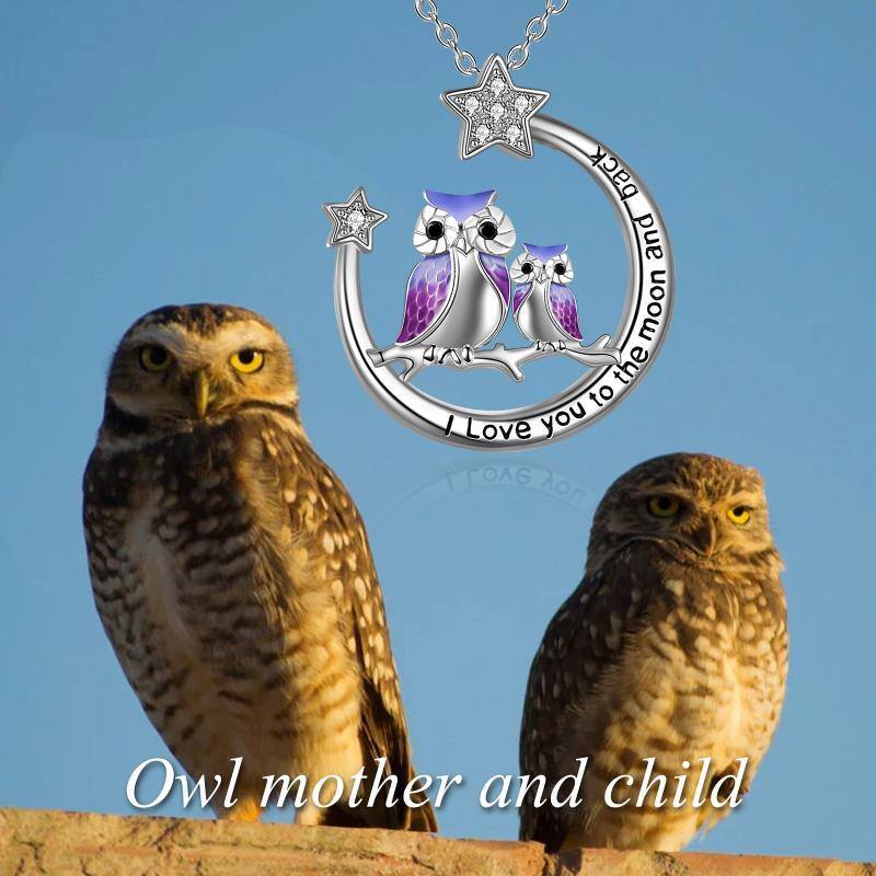 Sterling Silver Zircon Owl & Moon Pendant Necklace-6