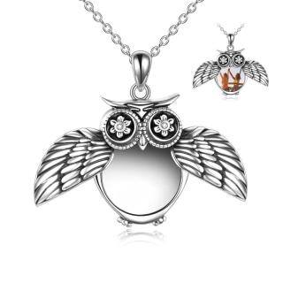 Sterling Silver Zircon Owl Personalized Photo Locket Necklace with Engraved Word-48