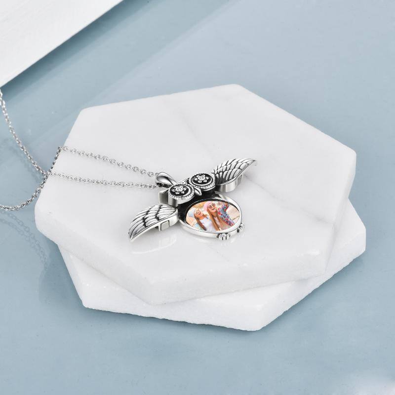 Sterling Silver Zircon Owl Personalized Photo Locket Necklace with Engraved Word-3