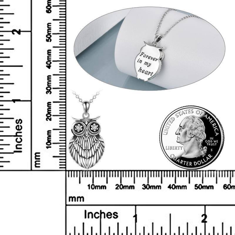 Sterling Silber Zirkon Eule personalisierte Foto Medaillon Halskette mit eingraviertem Wor-4