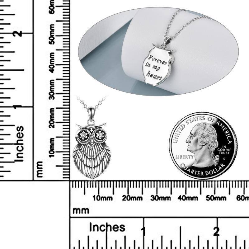 Sterling Silver Zircon Owl Personalized Photo Locket Necklace with Engraved Word-4