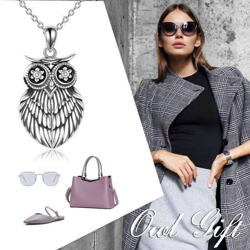 Sterling Silver Zircon Owl Personalized Photo Locket Necklace with Engraved Word-6