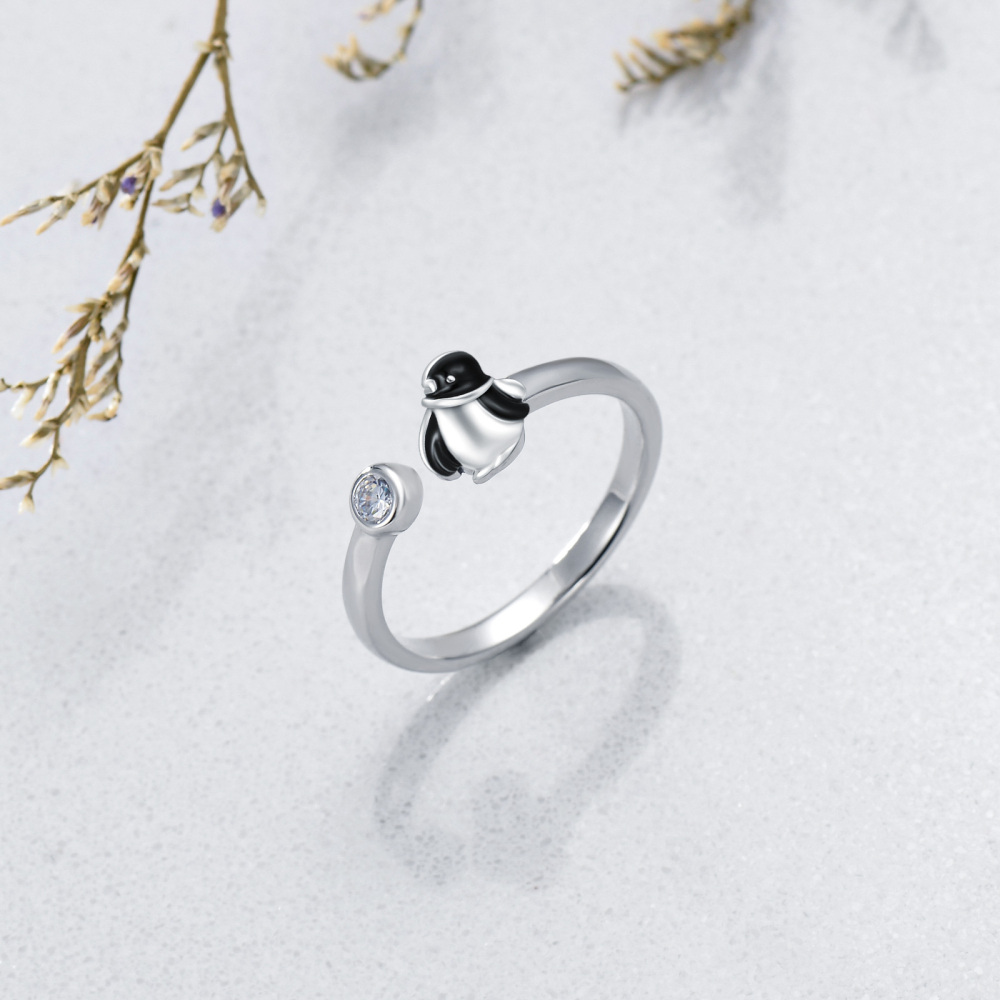 Sterling Silver Zircon Penguin Open Ring-2