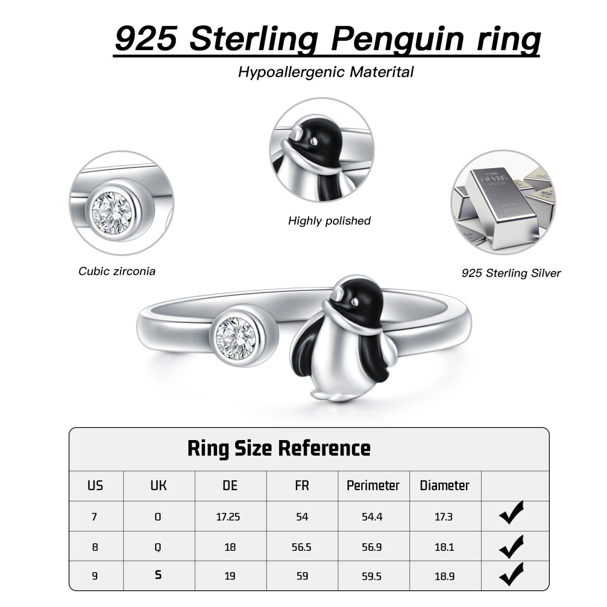 Anillo Abierto Pingüino Circonitas Plata de Ley-3